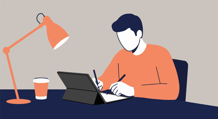 Focused Man Working on Tablet at Desk