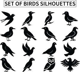 Set of Bird Silhouettes – Flying and Perched Bird Vector Collection for Nature and Wildlife Designs