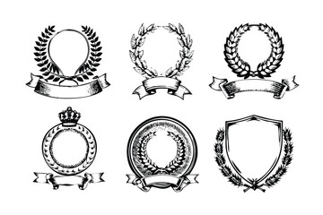 Academic Badge Templates Vector Engraving Set. Detailed Monochrome Award & Seal Icons. Vintage Stipple & Hatching Illustrations