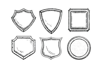 Vintage Patch & Badge Templates Vector Engraving Set. Detailed Monochrome Shield & Banner Icons. Stipple & Hatching Illustrations