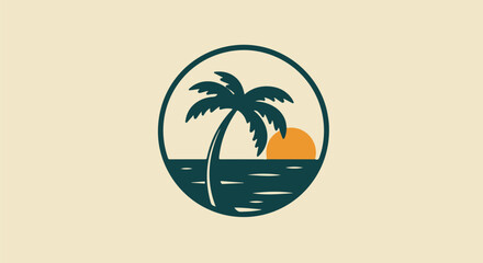 Tropical Palm Tree Sunset Circular Logo Design