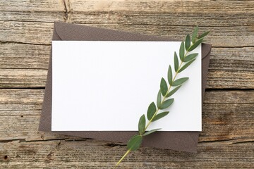 Blank invitation card, envelope and green twig on wooden table, top view