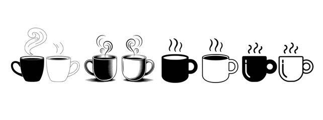 Black and white coffee cups with steam mugs hot beverages