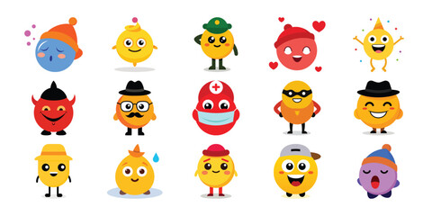 Vector art of collection of cute and funny emoji characters, isolated on white background