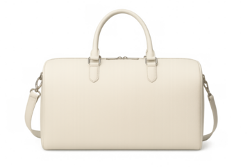 Stylish white leather travel bag with silver zipper and shoulder strap, perfect for weekend getaways or business trips, isolated on transparent background