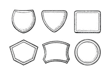 Vintage Patch & Badge Templates Vector Engraving Set. Detailed Monochrome Shield & Banner Icons. Stipple & Hatching Illustrations