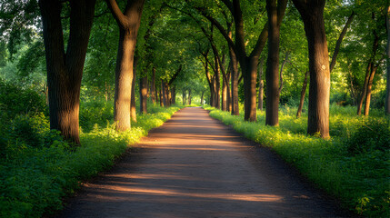 Obraz premium Serene sunlit path through lush green tree-lined avenue, idyllic summer landscape.