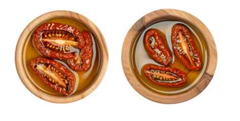 Sun-dried tomatoes in olive oil in wooden bowl, top view on transparent background, Mediterranean ingredient for culinary recipes, packaging, or cooking tutorials