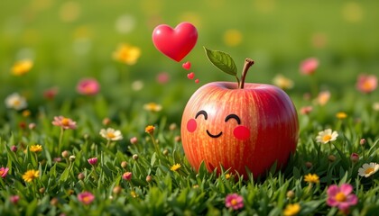 apple with rosy cheeks sitting on green field, with a thought bubble heart above.