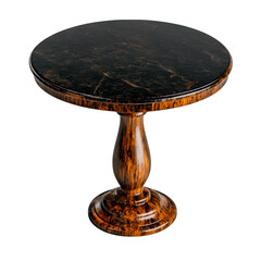 Elegant round dining table with dark marble top and ornate wooden pedestal design