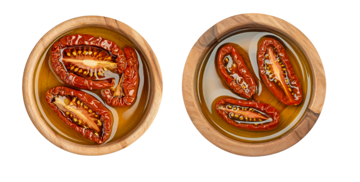Sun-dried tomatoes in olive oil in wooden bowl, top view on transparent background, Mediterranean ingredient for culinary recipes, packaging, or cooking tutorials