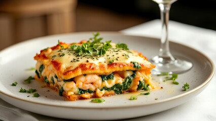 A close-up of a creamy spinach and cheese lasagna slice garnished with herbs on a white plate, accompanied by a glass of white wine in the background.