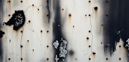 Close-up view of a weathered metal surface with burn marks, rivets, and cracks, showing a distressed texture and dark, charred areas against a faded off-white