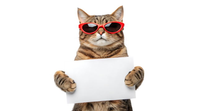 Cool tabby cat wearing red heart sunglasses holding a blank sign on transparent background