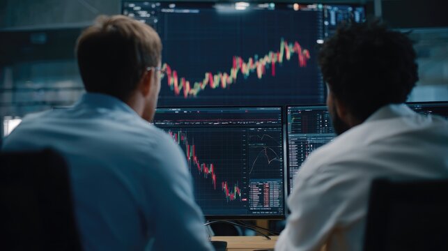 Modern finance expert and investor discussing digital assets, over-shoulder view with real-time chart on screen