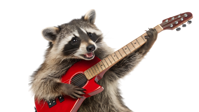 Funny raccoon playing a red electric guitar with enthusiasm isolated on transparent