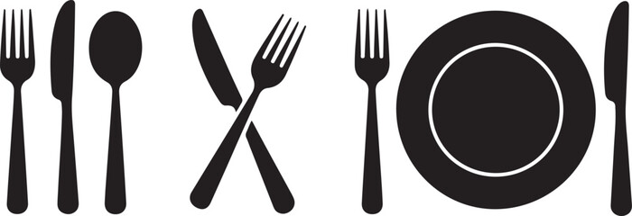 Fork, knife, spoon and plate set icons. Tableware set flat style. Dinnerservice collection. Plate, fork and knife for apps and websites