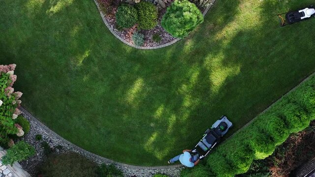Two Landscapers Work on a Residential Lawn in a Well-Maintained Garden