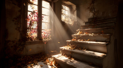 Obraz premium Sunlight streams through a window, illuminating a dusty, abandoned staircase adorned with autumn leaves, creating a serene yet eerie atmosphere.