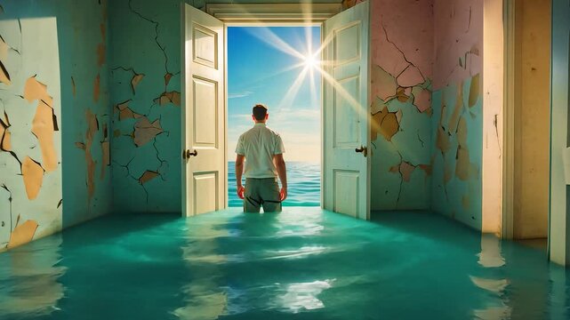 Man Standing in Flooded Room Facing Open Doors Toward Ocean Horizon Under Bright Sunlight with Peeling Walls and Water Reflections

