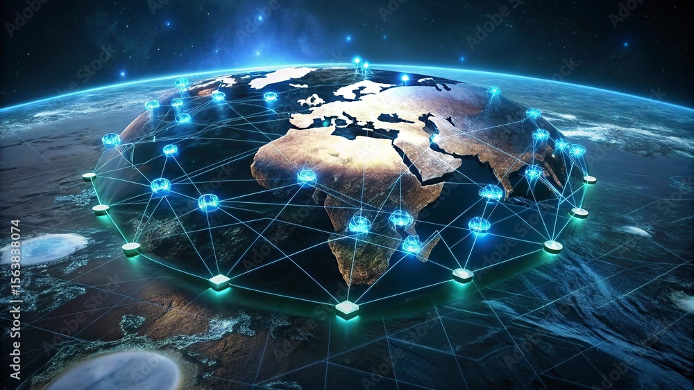 Poster world map on a technological background, glowing lines symbols of the internet, radio, television, m