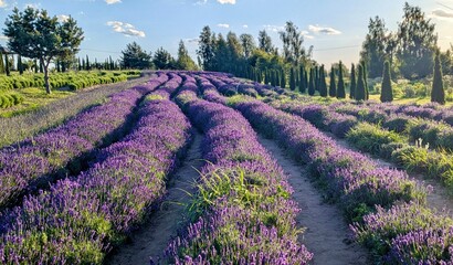 curved rows of blooming purple lavender
