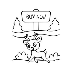 Handdrawn a deer with antlers under a Buy Now sign in a landscape reindeer animal