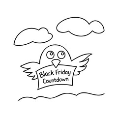 Handdrawn bird with wings holding Friday Countdown sign with clouds wavy line graphic