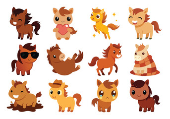 Vector art of twelve cute cartoon horses and ponies, isolated on white background, showing various expressions and actions