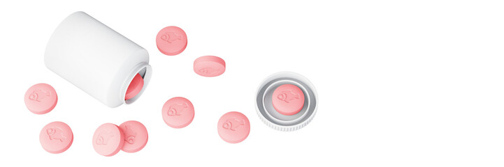 Children's vitamin supplements containing essential omega-3 fatty acids. Plastic jar spilling red pills isolated on transparent background. 3D illustration.