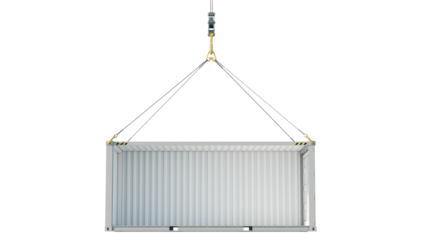 Empty white sea container without side wall lifted by crane. Side view isolated on transparent background. 3D illustration