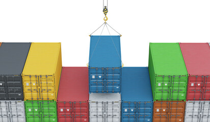 Crane unloading containers isolated on transparent background. Freight port terminal. Lifting blue shipping container. Concept of warehouse logistics. 3D illustration