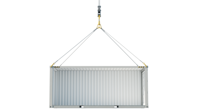Empty white sea container without side wall lifted by crane. Side view isolated on transparent background. 3D illustration