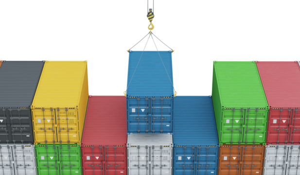 Crane unloading containers isolated on transparent background. Freight port terminal. Lifting blue shipping container. Concept of warehouse logistics. 3D illustration