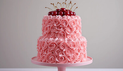 A two-tiered pink cake, decorated with delicate rose swirls of frosting and topped with fresh cherries. Perfect for celebrations, birthdays, or dessert menus.