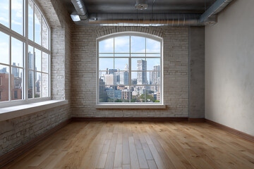 Obraz premium Bright spacious loft interior with large windows overlooking city skyline image