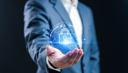 Futuristic cyber security interface with lock symbol, glowing matrix code background