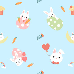 Seamless pattern of Easter bunnies, eggs, and flowers. Vector graphics.