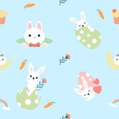 Seamless pattern of Easter bunnies, eggs, and flowers. Vector graphics.
