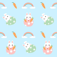 Seamless pattern of Easter bunnies, eggs, and flowers. Vector graphics.