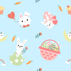 Seamless pattern of Easter bunnies, eggs, and flowers. Vector graphics.