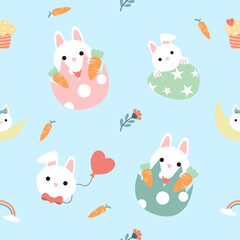 Seamless pattern of Easter bunnies, eggs, and flowers. Vector graphics.