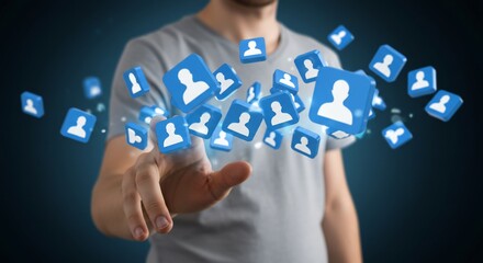 Person interacting with digital profile icons social media technology concept