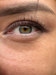 Close-up of a human eye with green-brown iris and long eyelashes. Natural makeup, clear skin, and eyebrow detail visible