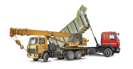This construction equipment rental showcases a powerful crane and dump truck, ideal for various tasks, featuring a striking design that enhances visibility on site.