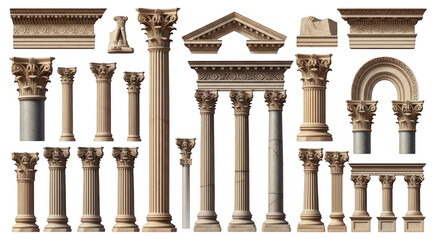 Fototapeta premium An Array of Majestic Classical Architectural Columns and Elements Showcasing Intricate Designs and Their Rich Historical Significance in Cultural Heritage, isolated on a transparent background