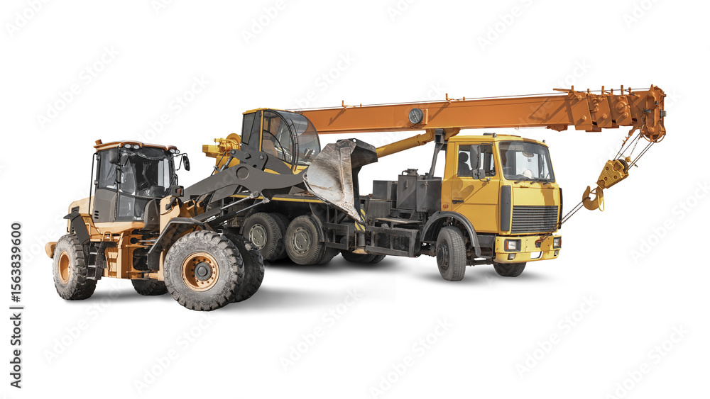 Poster the truck crane and front loader are isolated, emphasizing their functionality and readiness for ren