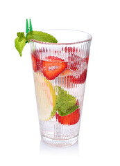 Tasty refreshing drink with strawberries, lemon and mint isolated on white