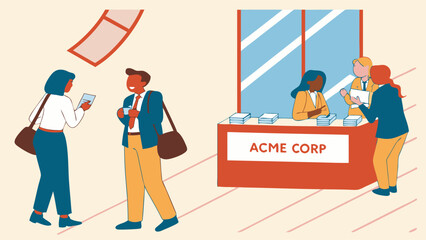 Business Conference & Trade Show Illustration. Attendees networking and visiting an exhibition booth at a corporate event.