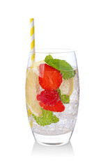 Tasty refreshing drink with strawberries, lemon and mint isolated on white